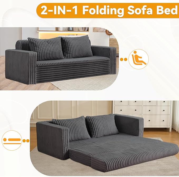 HABUTWAY 68" Loveseat Boneless Couch, 4-in-1 Convertible Sofa Bed, Plush Fur Folding Futon Sofa Bed Couches with 2 Pillows for Living Room, High-Density Foam Support, No Assembly Required, Grey