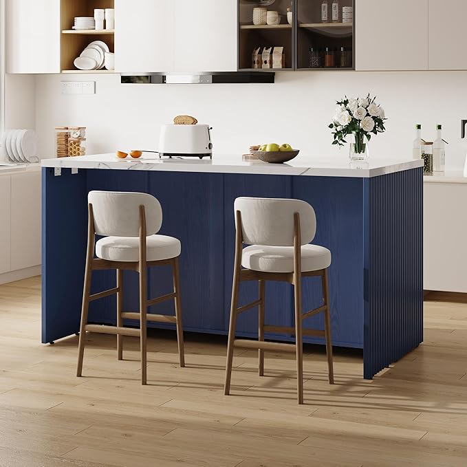 LIKIMIO 59" Kitchen Island with Power Outlet & Hidden Trash can Storage, Faux Marble Island Table with Seating Area, 3-Tier Spice Rack, 3 Drawers, 2-Tier Cabinet, Rolling Kitchen Cart on Wheels, Blue