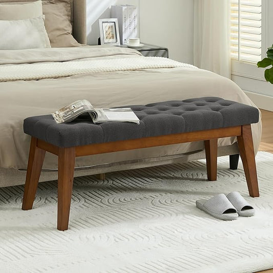 WUTUTUEE 43.5'' Linen Bedroom Bench, Upholstered End of Bed Bench with Tufted Button, Padded Vintage Dining Bench, Entryway Bench with Solid Wood Legs, Kitchen, Living Room, Hallway, Dark Grey Tufted