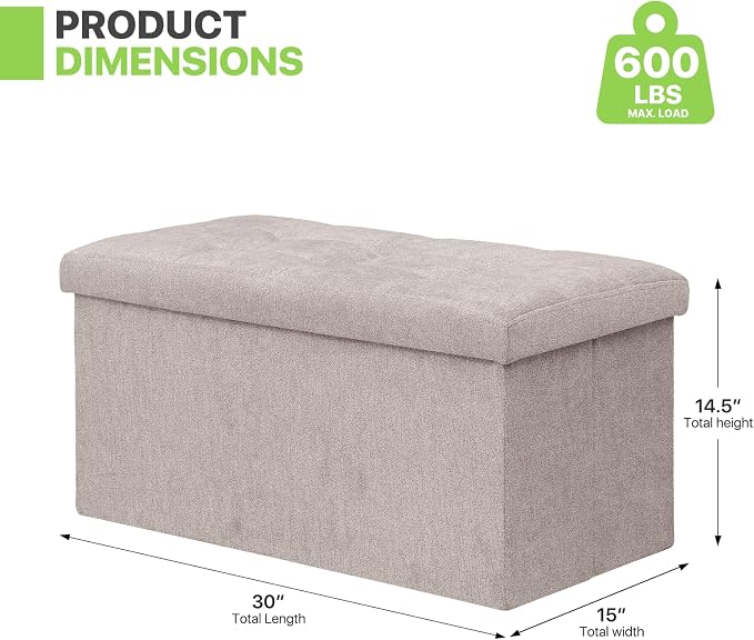 Magshion Folding Storage Ottoman Bench, 30 Inches Ottoman Foot Rest, End of Bed Bench, Storage Chest for Living Room, Entryway, Bedroom, 600 lbs Load Capacity, 15 x 30 x 15 Inches, Beige