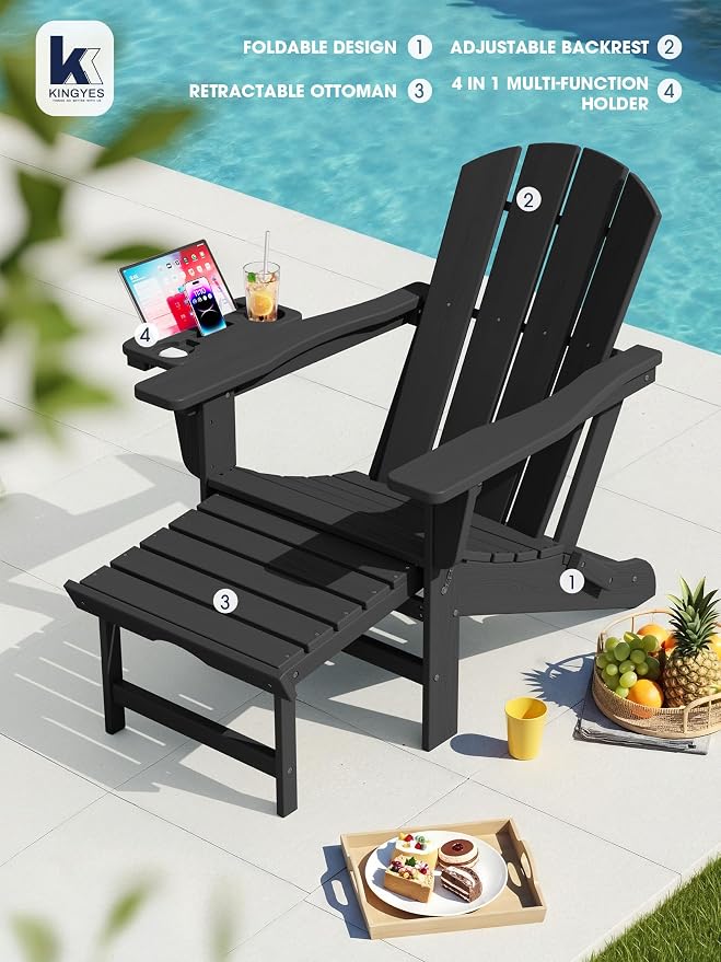 KINGYES Adjustable Folding Adirondack Chair with Footrest & 4-in-1 Multi-Functional Armrest Organizer Set of 2, HDPE Foldable Recliner Adirondack Chair with Pull-Out Ottoman, Black
