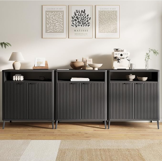 Fatmok Fluted Buffet Cabinet with Storage Set of 2, 31.4" Wide Wood Sideboard Credenza with 2 Doors & Open Storage Shelf, Modern Coffee Bar Table for Living Room Kitchen Dining Room,Black Grey