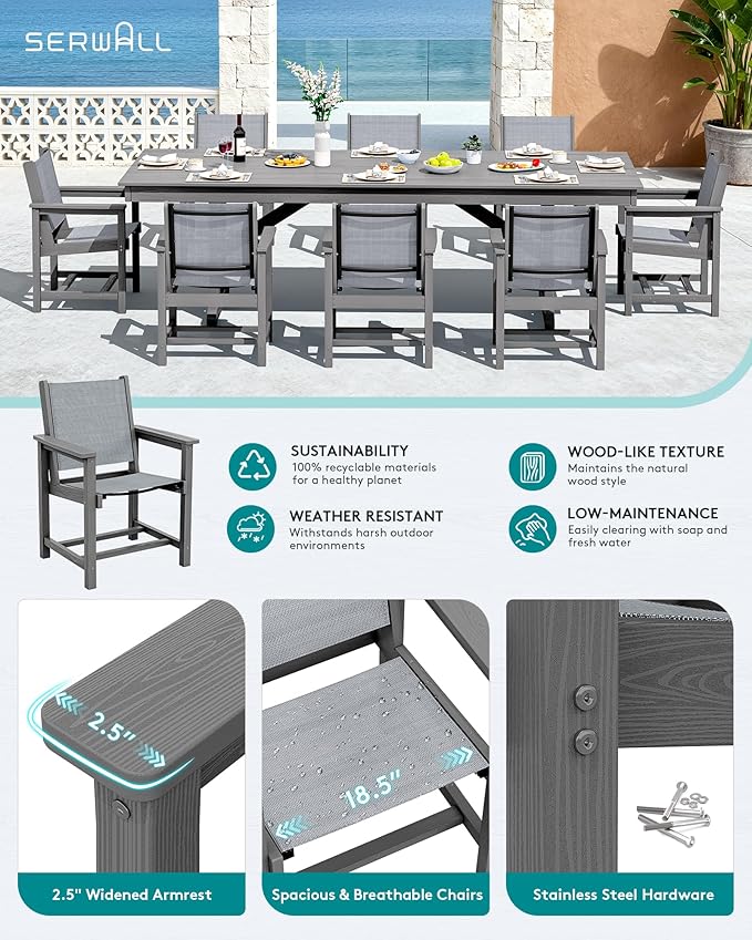 SERWALL 9 Piece Outdoor Dining Set, 84" HDPE Outdoor Large Table and Textilene Sling Chairs for 8，All Weather Patio Dining Furniture Set with Umbrella Hole for Backyard, Garden, Gray