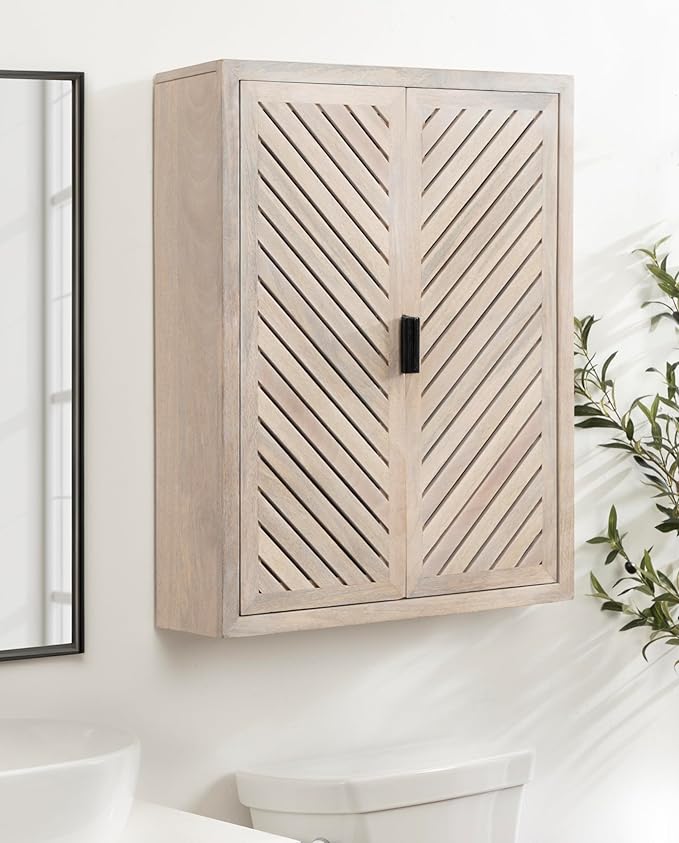 Kate and Laurel Mezzeta Decorative Coastal Two-Door Floating Bathroom Cabinet, 22 x 7 x 28, Whitewash, Decorative Over Toilet Storage Cabinet Made from Solid Mango Wood with Slatted Chevron Design