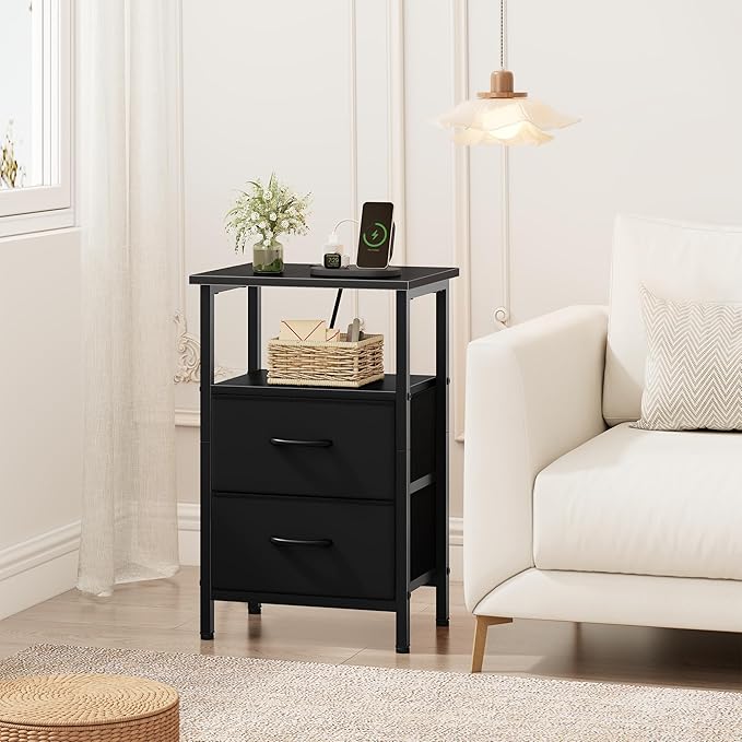 Vagusicc Nightstand with Charging Station, End Table Bedside Table with 2 Fabric Drawers, Black Night Stand with USB Ports & Outlets, 24.2" Tall Bed Side Table with Storage Shelf for Bedroom, Black