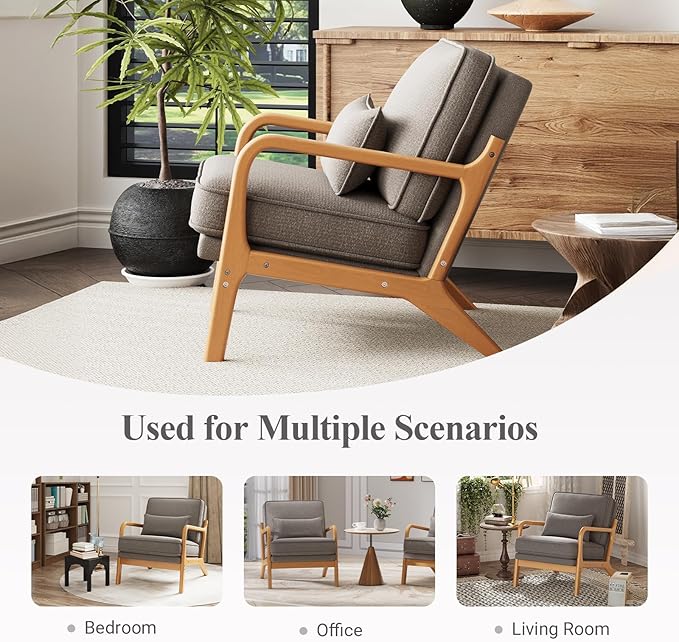 MALOL Accent Chair Set of 2 with Solid Wood Frame, Mid-Century Relaxing Armchair Lumbar Pillow& Soft Cushion, Reading Leisure Chair for Living Room, Bedroom, Waiting Room-Grey