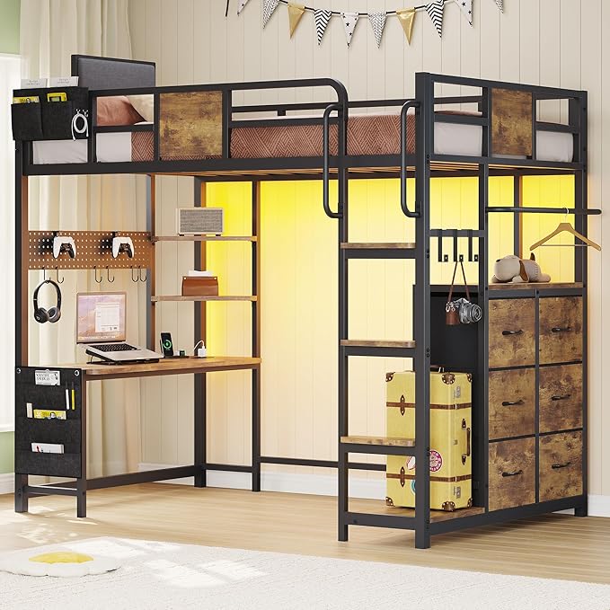 BYSAUD Loft Bed with Desk, Loft Bed Twin Size with 6 Storage Drawers & 4 Storage Shelves,Twin Loft Beds with LED Lights & Charging Station, Bunk Bed with Safety Guard, No Box Spring Needed, Brown
