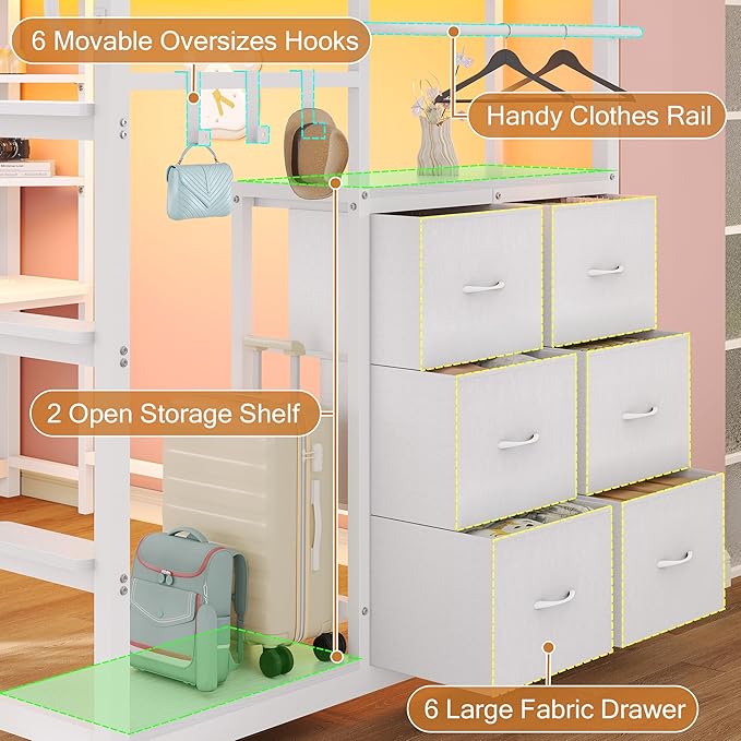 Dnxao Twin Size Loft Bed with Desk, Anti-Wobble Heavy Duty Metal Frame with DIY Pegboard & 6 Storage Drawers, LED Lights, Charging Station with Type-C, Space-Saving Workstation for Kids Teens, White
