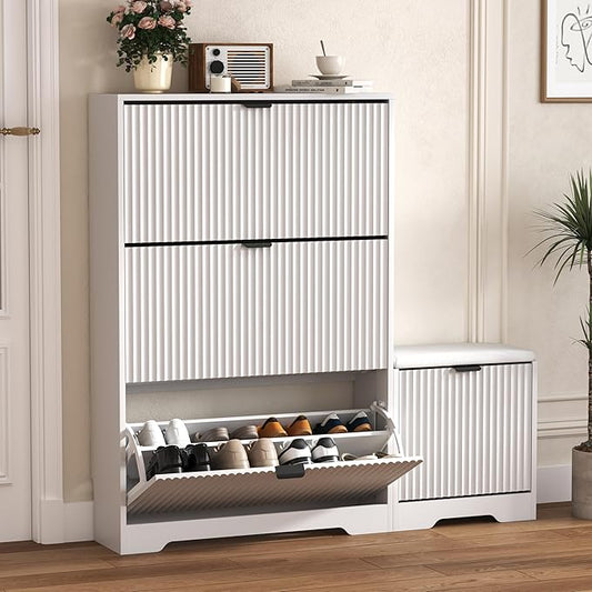 HUANLEGO Shoe Cabinet Storage for Entryway with 4 Flip Drawers, White Fluted Shoe Cabinet with Bench, Wooden Hidden Shoe Rack Freestanding Narrow Slim Shoes Storage Organizer for Hallway, Entrance