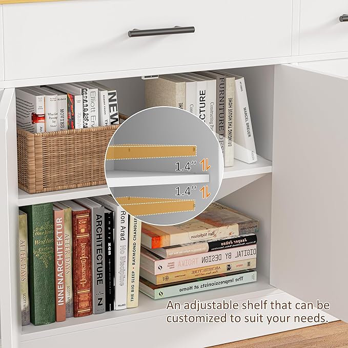 Vongrasig Large Coffee Bar Cabinet with Storage, 53” Farmhouse Kitchen Storage Cabinet with 4 Doors and 3 Drawers, Wood Buffet Table for Kitchen, Dining Room, White