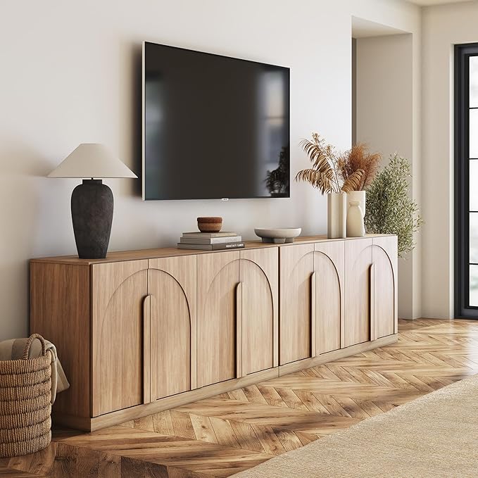 BELLEZE Set of 2 Bijou 64" Modern Buffet Sideboard, Mid-Century Arch Carved Wood Door Cabinet, Textured Storage Console for 75 inch TV, Living Room, Dining Room, Entryway - Camel