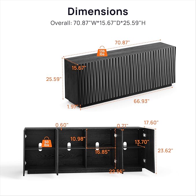 70" Fluted TV Stand for TVs Up to 50/55/65/75", Mid-Century Modern Entertainment Center for Living Room, Tall Sideboard & Storage Cabinet Wavy Media & TV Console, 8 Cable Holes&Soft-Close,Black Walnut