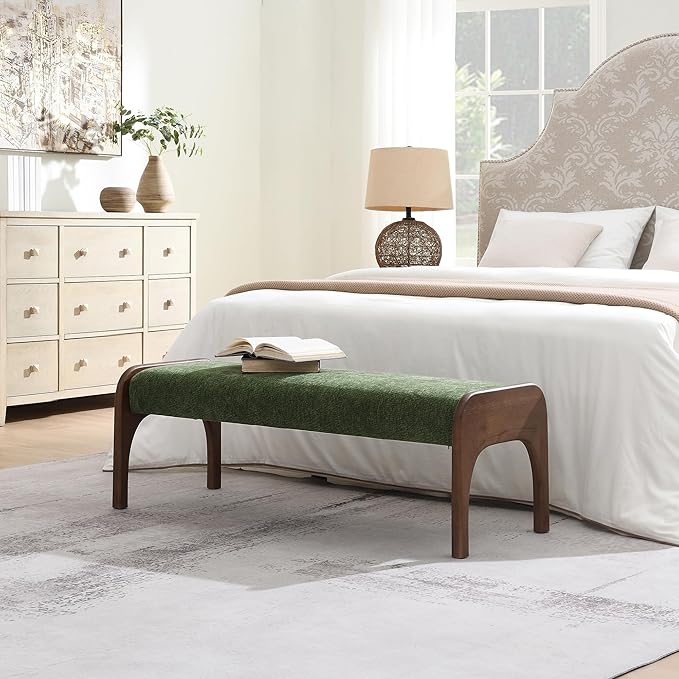 GDFStudio 50.25" Upholstered Long Bench, Modern Chenille Dining Bench with Solid Wood Legs, Padded Entryway Bench Seat for Bedroom End of Bed Kitchen Hallway Living Room, Green