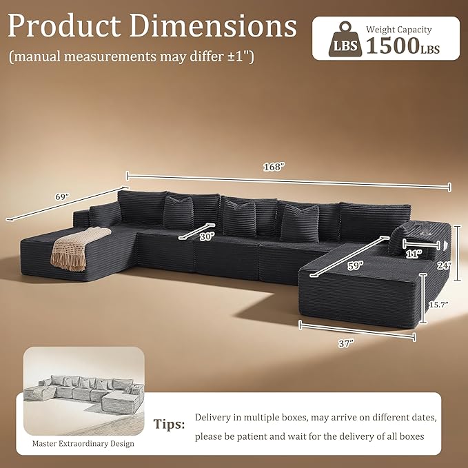 168" Cloud Sectional Couch, Comfort U Shaped Sofa for Living Room, Extra Deep Seats No Assembly, Minimalist Modular Couch, Corduroy (Dark Grey, 7 Seats,U-Shape C)