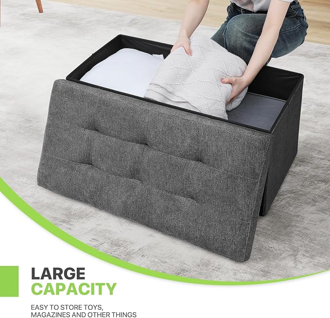 Magshion Folding Storage Ottoman Bench, 30 Inches Ottoman Foot Rest, End of Bed Bench, Storage Chest for Living Room, Entryway, Bedroom, 600 lbs Load Capacity, 15 x 30 x 15 Inches, Dark Gray