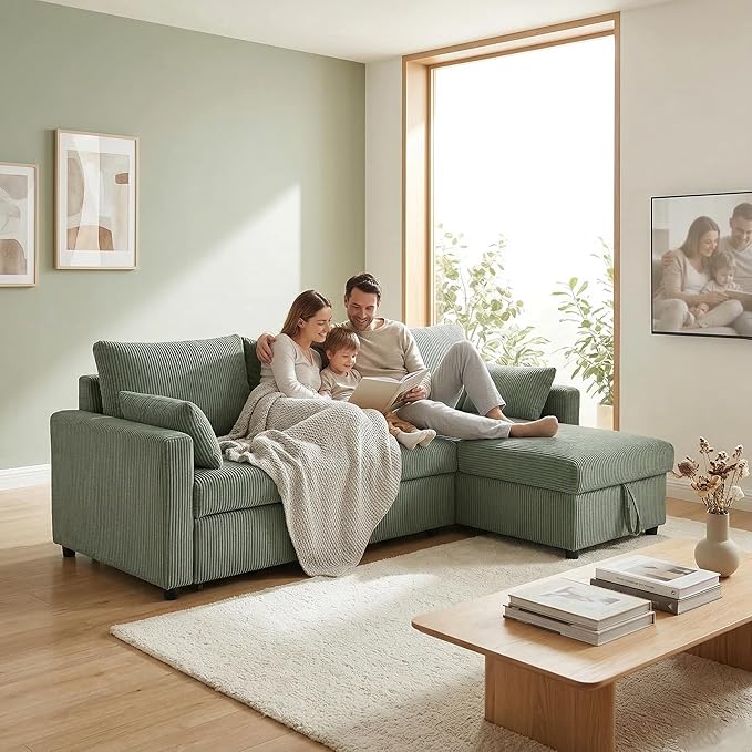 Sectional Sleeper Sofa with Pull Out Bed, L Shape Convertible Sofa Bed Couch with Storage Chaise, 3 in 1 Pull Out Sofa Bed with 3 Seats for Living Room,Apartment, Green, 85Inch