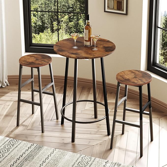 MAHANCRIS Bar Stools, Set of 2 Round Bar Chairs with Footrest, 28 Inch Kitchen Breakfast Bar Chairs, Industrial Bar Stools, Easy Assembly, for Dining Room, Kitchen, Rustic Brown BAHR02701