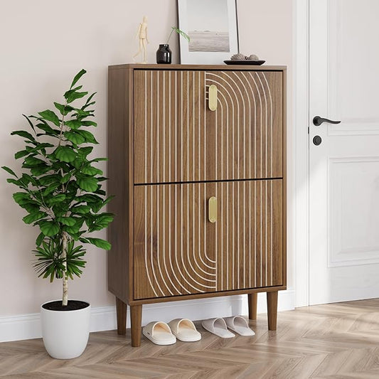 Smuxee Shoe Cabinet with 2 Flip Drawers, 23.6" Walnut Hidden Shoe Storage Cabinet with Line Groove Design, Freestanding Shoe Organizer Cabinet for Entryway, Hallway, Living Room