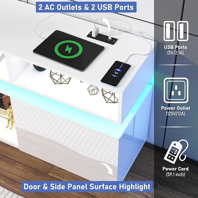 chartustriable LED TV Stand for 80 Inch TV, Modern Tall Entertainment Center with Power Outlets, High Gloss TV Stand, Gaming TV Media Console with Glass Shelf for Living Room, 71 Inch, White