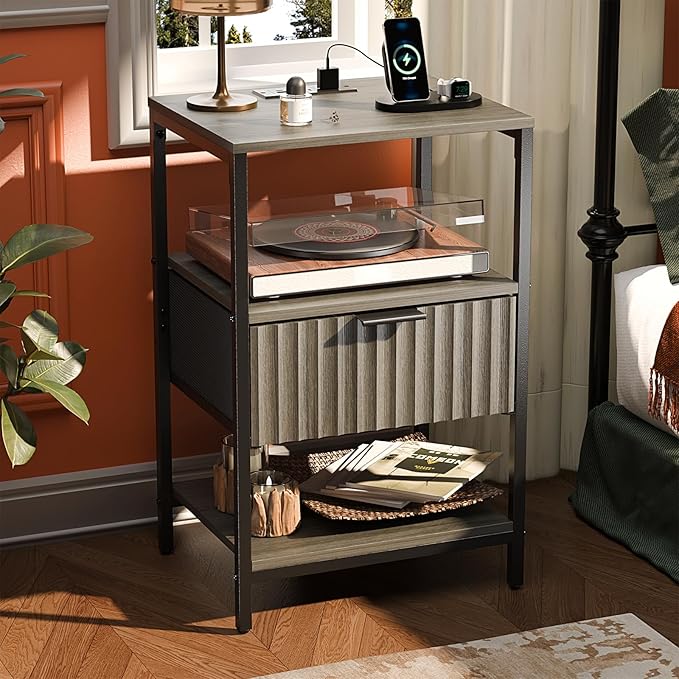VINGLI Grey Night Stand with Charging Station and Fabric Drawer, Fluted Nightstand, Gray Nightstand with Drawer, Bed Side Table/End Table for Bedroom, Dorm, 14.96" W*11.81" D*23.7" H, 1 pc
