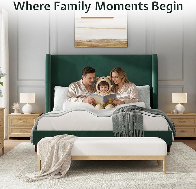 Jocisland King Size Bed Frame 51.2" Wingback Headboard Velvet Upholstered Platform Bed,Solid Wood Legs & Wooden Slats,No Box Spring Needed,Noise-Free,for Family Master Suite Bedroom Upgrade,Green