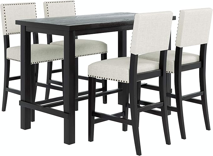 Harper & Bright Designs 5-Piece Counter Height Dining Set, Classic Elegant Table and 4 Chairs in Espresso and Beige