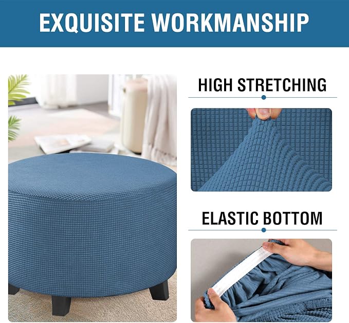 H.VERSAILTEX Ottoman Cover Stretch Ottoman Slipcover Round Ottoman Storage Cover Folding Stool Covers Furniture Protector Cover for Footrest Ottoman Fit Dia 30" - 41", Dusty Blue