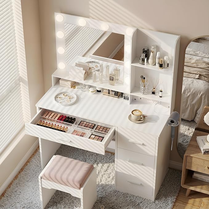 YESHOMY 39" Vanity Desk with Mirror & Lights, Makeup Vanity Table with Power Outlet & Storage Drawers, 3 Color LED Lighting, Dressing Table for Bedroom,Snow White