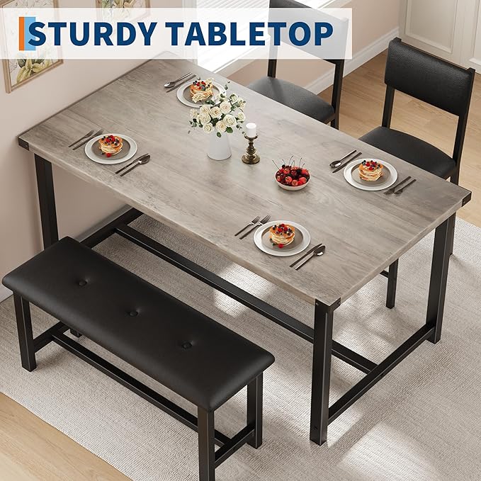 GarveeHome Dining Table Set for 4, Kitchen Table with 2 Upholstered Chairs and Bench, Wood Kitchen Dining Room Set, for Small Space, Apartment, Home, Kitchen, Retro Gray