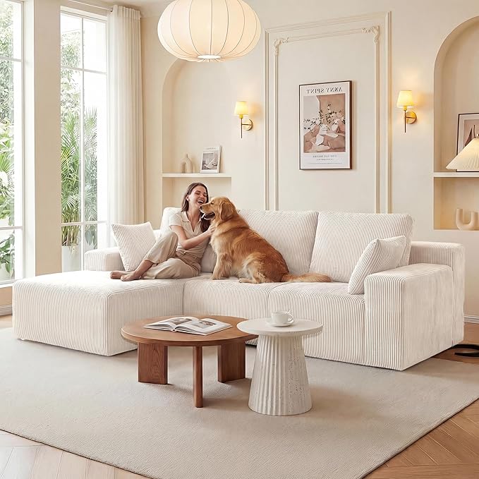 GRUSIGN Cloud Sectional Boneless Couches for Living Room, Modular L Shaped Couch with Deep Seat Oversized Left Facing Chaise, Memory Foam Compressed Spineless 3 Seater Sofa for Apartment, Beige