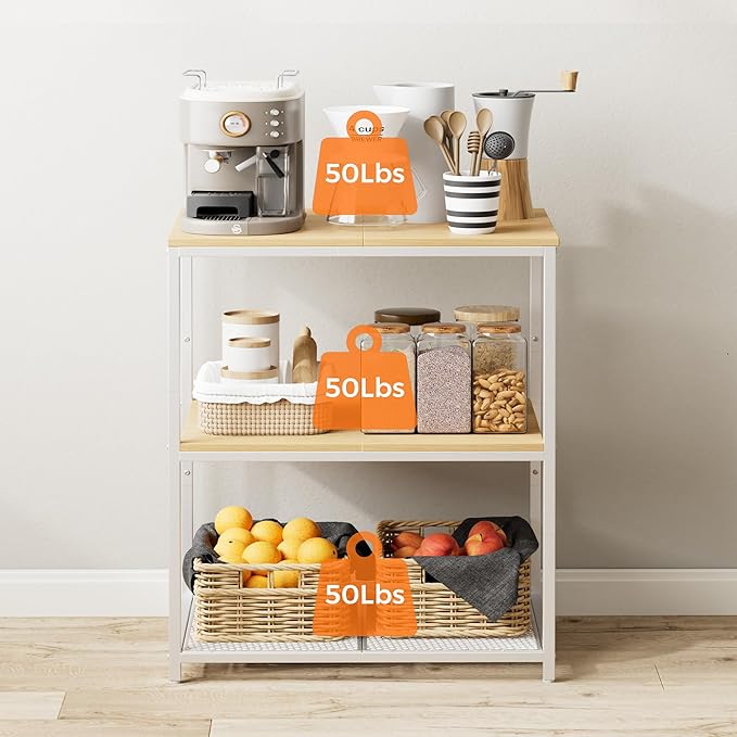 Homleke Kitchen Island with 3 Shelves, Kitchen Shelf with Large Workstation, Bakers Rack, Workbench, Metal Frame, White and Natural
