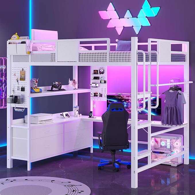 Dnxao Full Size Loft Bed with Desk and 5 Storage Drawers, Heavy Duty Metal Loft Bed with Charging Station, LED Lights & Pegboard, Space-Saving Workstation for Teens & Adults, White