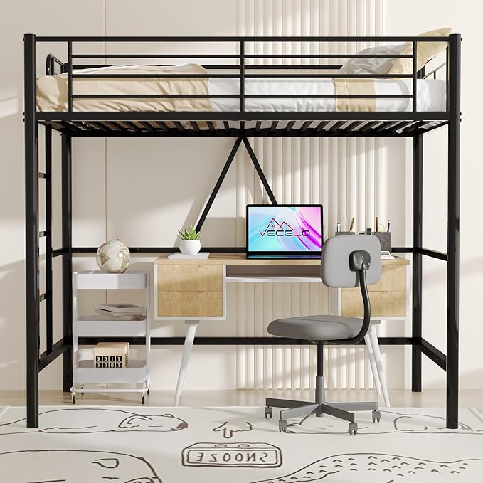 VECELO Loft Bed Twin Size, Metal Bedframe with Removable Ladder and Safety Guardrail, No Box Spring Needed, Space Saving, Noise Free, Matte Black