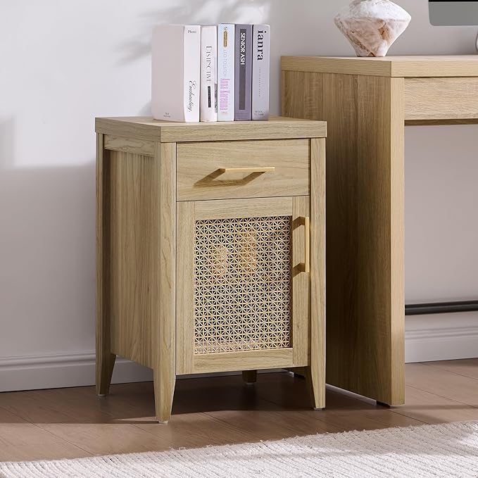 SICOTAS Tall Nightstands Set of 2 with Drawer - Farmhouse Night Stand Bedside Tables with Storage, Wooden End Tables with Metal Mesh Door and Adjustable Shelf for Bedroom, Light Walnut