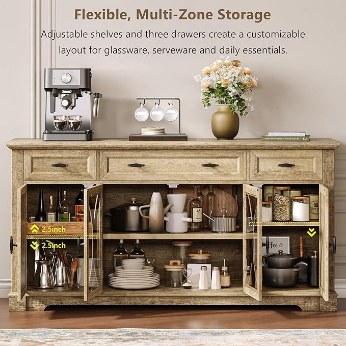Einhomn 64" Farmhouse Sideboard Cabinet with 3 Drawers and 4 Doors, Buffet Cabinet with Adjustable Shelves and Curved Glass Doors, Large Storage Cabinet for Dining Room, Living Room, Kitchen,Natural