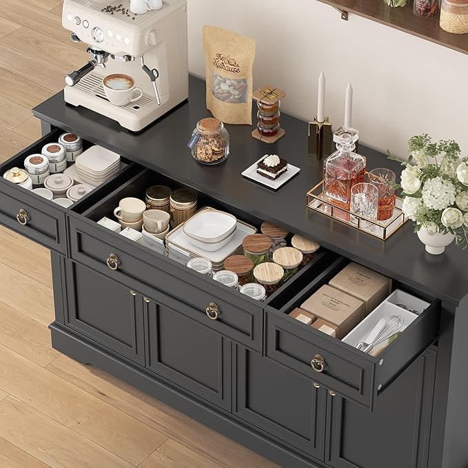 FINETONES Buffet Cabinet with Storage, 52.7" Large Sideboard Buffet Table, Black Kitchen Cabinet with 3 Drawers and 4 Doors, Wood Coffee Bar for Kitchen Dining Room, Black