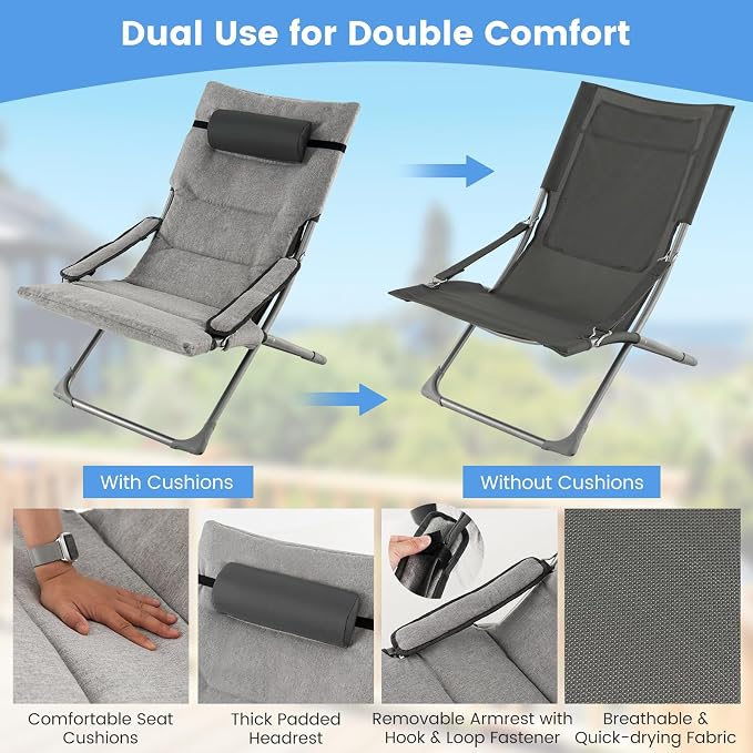 Giantex 5-Piece Patio Bistro Set, Folding Lounge Chairs with Footrest Stool & Side Table, Removable Cushion, Headrest, Armrest, Outdoor Conversation Furniture for Porch Balcony Yard Pool
