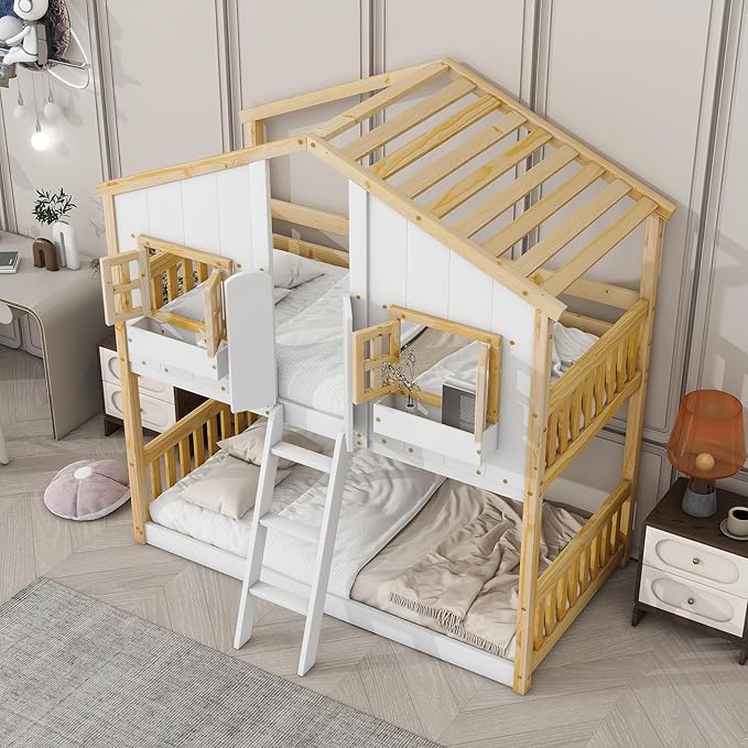Wooden Twin Over Twin Floor Bunk House Bed with Door and Window Built-in Storage Box, Low Loft Bunk Bed for Kids Girls Boys Adults, No Box Spring Needed, Natural/White
