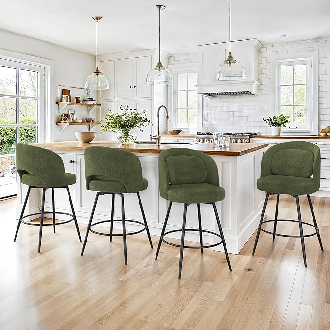 LUE BONA 26''H Swivel Bar Stools Set of 4, Counter Height Bar Stools with Backs, Lumbar Pillow and Black Metal Frames, Upholstered Modern Barstools for Kitchen Island, Chenille Farbic, Green