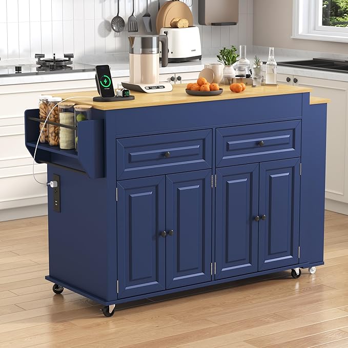 80"-48" Extendable Kitchen Island with Extended Dining Table and Power Outlet,Large Mobile Kitchen Storage Islands with 2 Storage Drawers,Rolling Islands Cart with 3 Extra Rows Open Shelves(Blue)