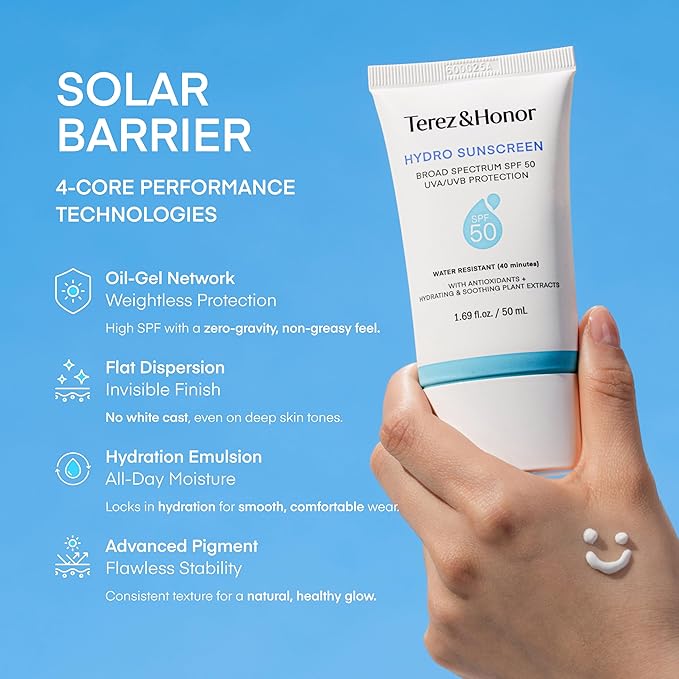 Terez & Honor Sunscreen for Face: Hydrating Face Sunscreen Broad Spectrum SPF 50 with UVA/UVB Protection - Moisturizing, Soothing, Water-Resistant, No-White Cast & Non-Greasy - Korean Sun Care 1.69oz