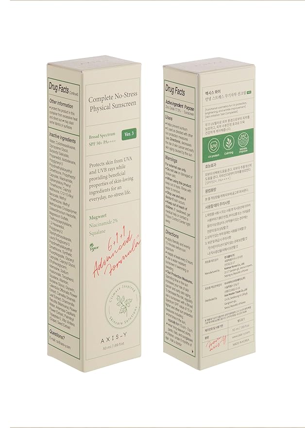 AXIS-Y Complete No-Stress Physical Sunscreen V3 SPF 50 – Mineral Face Sunscreen with Zinc Oxide & 2% Niacinamide – UVA Protection, Lightweight Moisturizing Korean Sunscreen (1.69 fl oz)