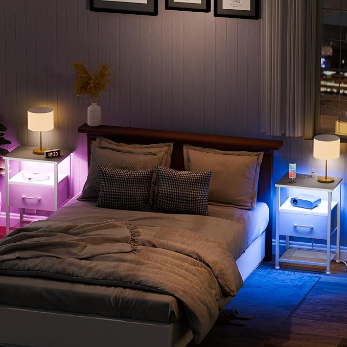 LAKEMID Nightstands Set of 2 with Charging Station and Drawer, End Table Bedside Table with 20 Colors LED Light Strip and 2 Layers Shelf for Bedroom Living Room Sofa Couch (White)