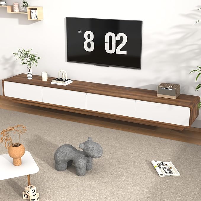 chartustriable 94.5" Minimalist Floating TV Stand for TVs up to 100 Inches, Modern Wall Mounted Media Console with 2 Drawers, Entertainment Center for Living Room, Walnut and White
