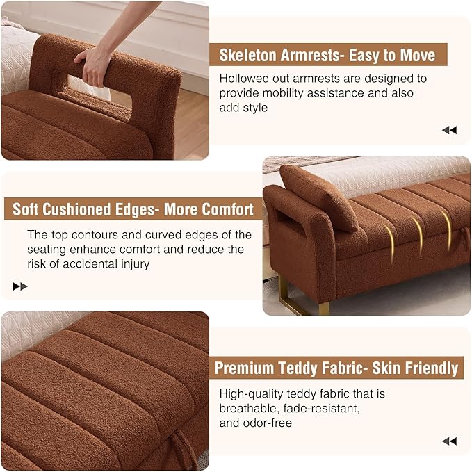 66'' Storage Bench for Bedroom End of Bed King Size, Bedroom Benches for Foot of Bed King, Teddy Brown Ottoman Bench with Storage with Armrest for Windows, Closet