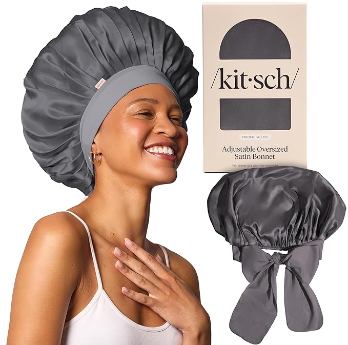 Kitsch XLサテンボンネット 就寝用 - 睡眠中の女性向けシルクより柔らかいボンネット - しっかりフィット、調節可能、夜間用キャップ 巻き毛・くせ毛用 - 切れ毛、絡まり、薄毛を防ぐ - チャコール