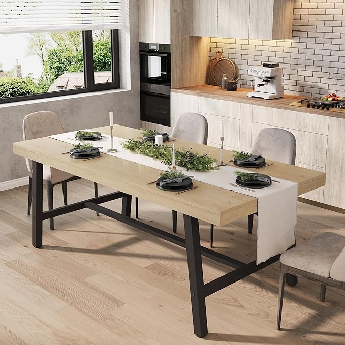 GarveeHome Industrial Dining Table for 6-8 People, 70.87" Long Large Kitchen Table with Sturdy Metal Frame, Rectangular Counter for Dinner, Kitchen, Dining Room (Natural, 71" Non-extendable)