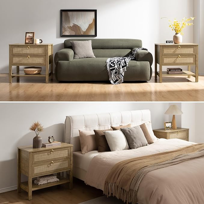 SICOTAS Night Stands Set of 2 for Bedroom, Large Bedside Tables with Drawer & Open Shelf, Wide Boho Rattan Nightstand Set Narrow Side Table for Master Bedroom