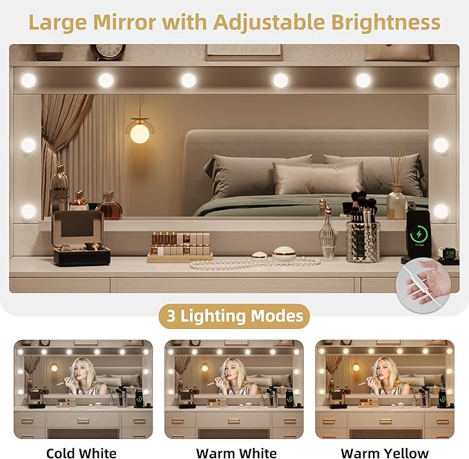 TOKSOM Large Vanity Desk with Lighted Mirror & Power Outlet, White Makeup Vanity Desk with Mirror and Lights, White Vanity Table with 5 Drawers and 2 Cabinets, Dressing Table for Bedroom 44.8 inch