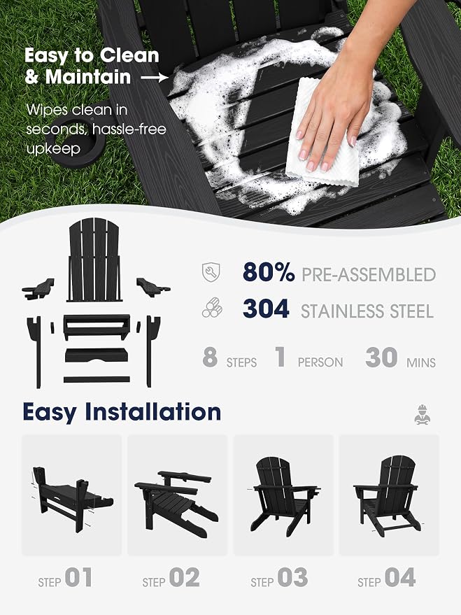 KINGYES Folding Adjustable Adirondack Chair with Ottoman Set of 2, HDPE Outdoor Chair with Retractable Footrest and Cup Holder, Wood-Like Recliner Versatile Adirondack Chair, Black